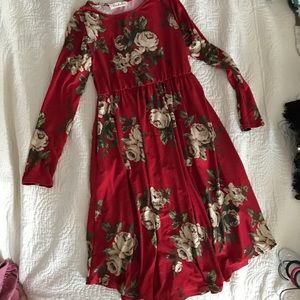 Red Dress with Floral Rose Print